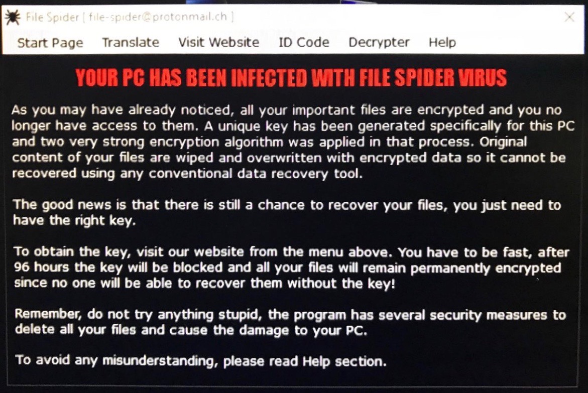 Spider ransomware poruka